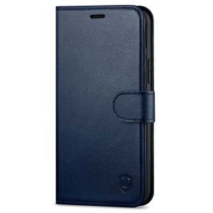 SHIELDON iPhone 12 Wallet Case, iPhone 12 Pro Wallet Cover, Genuine Leather Cover, RFID Blocking, Folio Flip Kickstand, Magnetic Closure for iPhone 12 / Pro 6.1-inch 5G Navy Blue