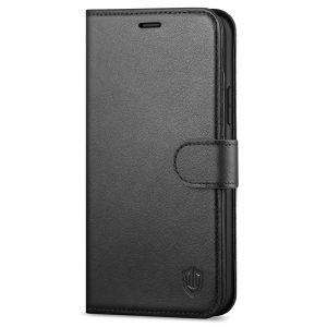 SHIELDON iPhone 13 Mini Genuine Leather Case, iPhone 13 Mini Wallet Cover with Magnetic Clasp Closure - Black