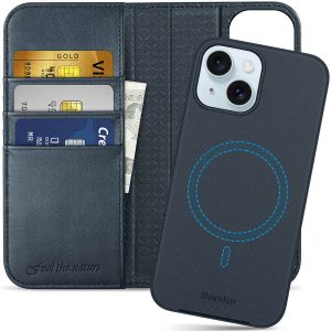 SHIELDON iPhone 15 Magnetic Leather Detachable Wallet Cover, iPhone 15 MagSafe & Wireless Charging Compatible Case - Navy Blue