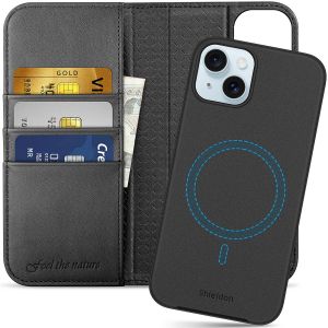 SHIELDON iPhone 15 Plus Detachable Magnetic Wallet Case, iPhone 15 Plus Genuine Leather Case,  MagSafe & Qi wireless charging Compatible - Black