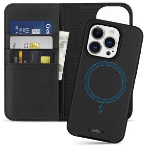 SHIELDON iPhone 15 Pro Detachable Magnetic Wallet Case, iPhone 15 Pro Genuine Leather Case,  MagSafe & Qi wireless charging Compatible - Black