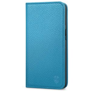 SHIELDON iPhone 14 Wallet Case, iPhone 14 Genuine Leather Cover with RFID Blocking, Book Folio Flip Kickstand Magnetic Closure - Light Blue - Litchi Pattern
