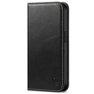 SHIELDON iPhone 14 Wallet Case, iPhone 14 Genuine Leather Cover with RFID Blocking, Book Folio Flip Kickstand Magnetic Closure - Black - Retro