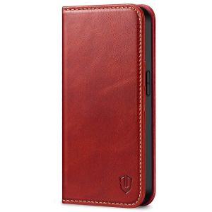 SHIELDON iPhone 14 Wallet Case, iPhone 14 Genuine Leather Cover with RFID Blocking, Book Folio Flip Kickstand Magnetic Closure - Red - Retro