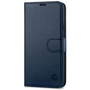 SHIELDON iPhone 14 Plus Wallet Case, iPhone 14 Plus Genuine Leather Cover Book Folio Flip Kickstand Case with Magnetic Clasp - Navy Blue
