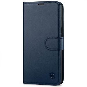 SHIELDON iPhone 14 Pro Wallet Case, iPhone 14 Pro Genuine Leather Cover with Magnetic Clasp - Navy Blue