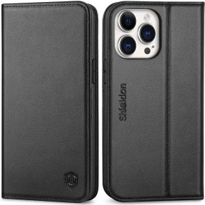 SHIELDON iPhone 14 Pro Max Wallet Case, iPhone 14 Pro Max Genuine Leather Folio Cover - Black