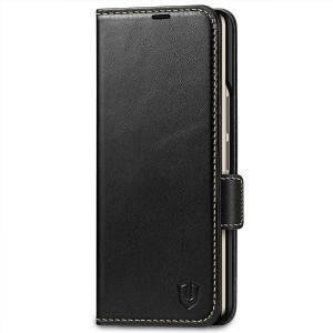 SHIELDON SAMSUNG Galaxy Z Fold4 5G Genuine Leather Wallet Case Cover with S Pen Holder, Folio Flip Style - Black - Retro
