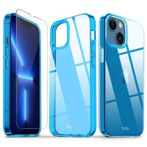 TUCCH iPhone 13 Mini Clear TPU Case Non-Yellowing, Transparent Thin Slim Scratchproof Shockproof TPU Case with Tempered Glass Screen Protector for iPhone 13 Mini 5G(5.4-Inch) - Clear & Blue