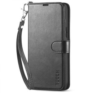 TUCCH iPhone 13 Pro Max Wallet Case, iPhone 13 Pro Max PU Leather Case with Folio Flip Book RFID Blocking, Stand, Card Slots, Magnetic Clasp Closure Strap - Black