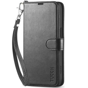 TUCCH iPhone 15 Pro Max Leather Wallet Case, iPhone 15 Pro Max Flip Phone Case - Wristlet Black
