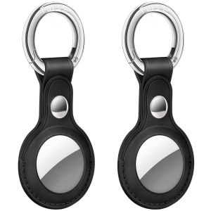 AirTag Tracker Holder Cover with Key Ring - PU Leather AirTag Cover Case Black-2 Pack