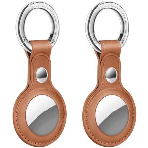 AirTag Tracker Holder Cover with Key Ring - PU Leather AirTag Cover Case Brown-2 Pack