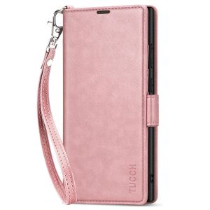TUCCH SAMSUNG S23 Ultra Wallet Case, SAMSUNG Galaxy S23 Ultra PU Leather Cover Book Flip Folio Case - Wrist Strap - Rose Gold