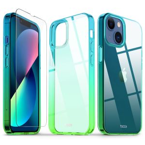 TUCCH iPhone 13 Mini Clear TPU Case Non-Yellowing, Transparent Thin Slim Scratchproof Shockproof TPU Case with Tempered Glass Screen Protector for iPhone 13 Mini 5G(5.4-Inch) - Blue&Green