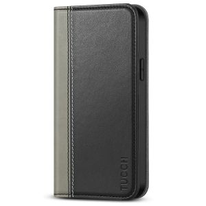 TUCCH iPhone 14 Wallet Case, iPhone 14 PU Leather Case, Flip Cover with Stand, Credit Card Slots, Magnetic Closure - Black & Grey