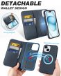 SHIELDON iPhone 15 Magnetic Leather Detachable Wallet Cover, iPhone 15 MagSafe & Wireless Charging Compatible Case - Navy Blue