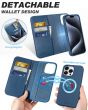 SHIELDON iPhone 15 Pro Detachable Magnetic Wallet Case, iPhone 15 Pro Genuine Leather Case,  Support Qi wireless charging - Royal Blue